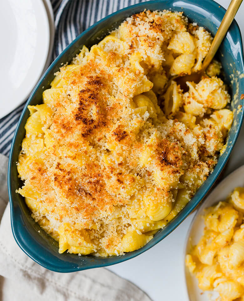 A pan of baked butternut squash mac & cheese.