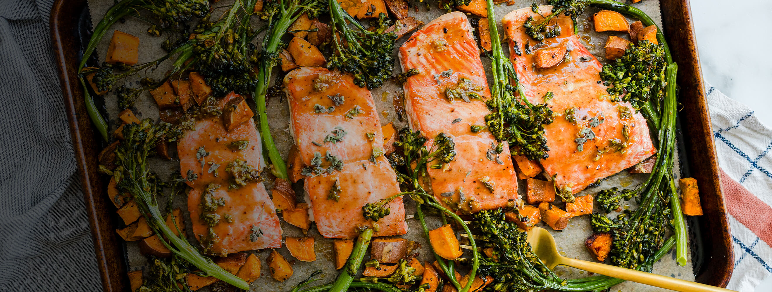 Sheet pan salmon and baby broccoli