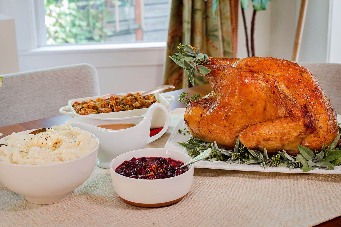 A holiday feast set up on a table.