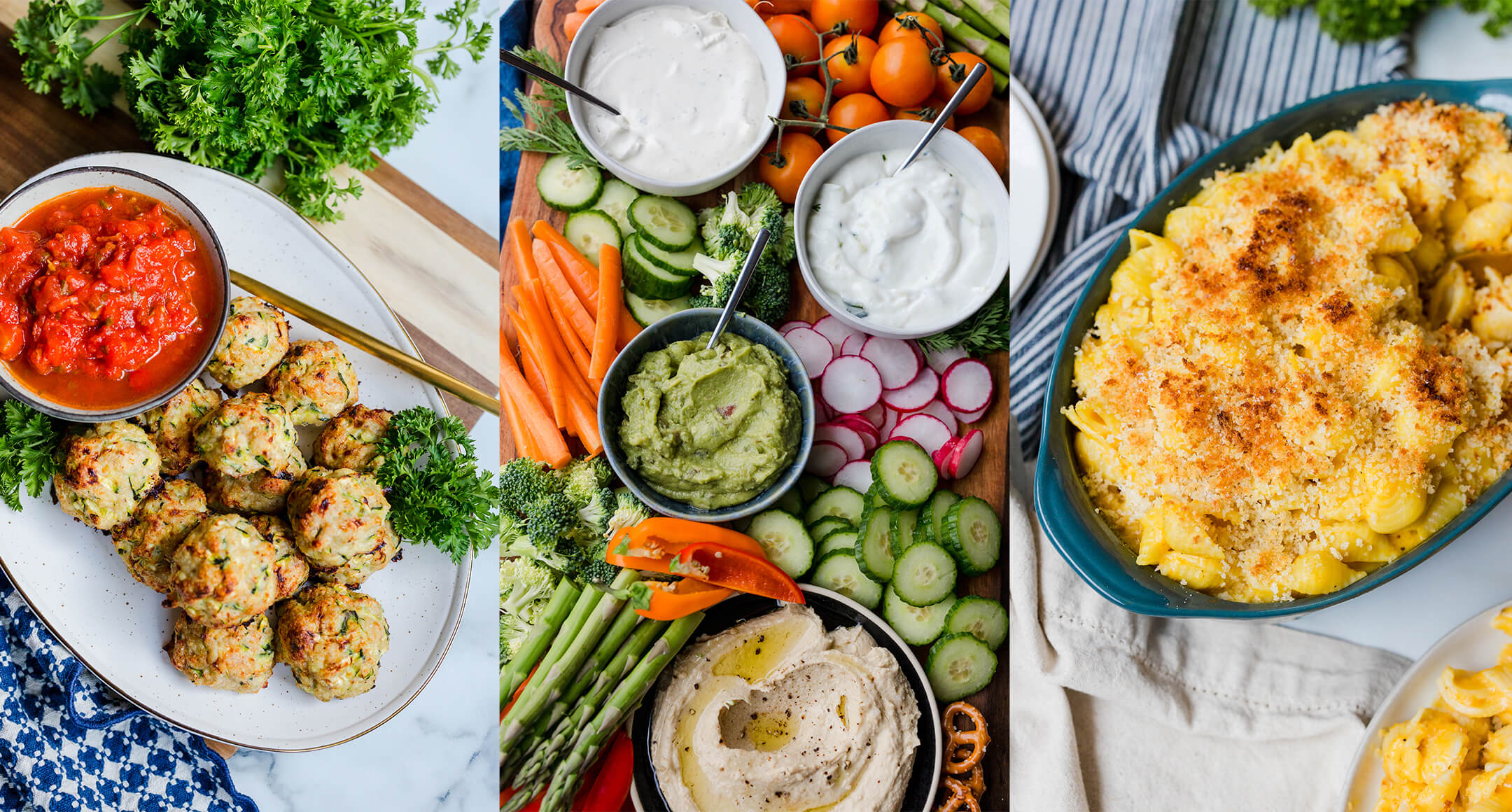 Chicken meatballs with a side of marinara, a crudité board, and baked butternut squash mac & cheese.