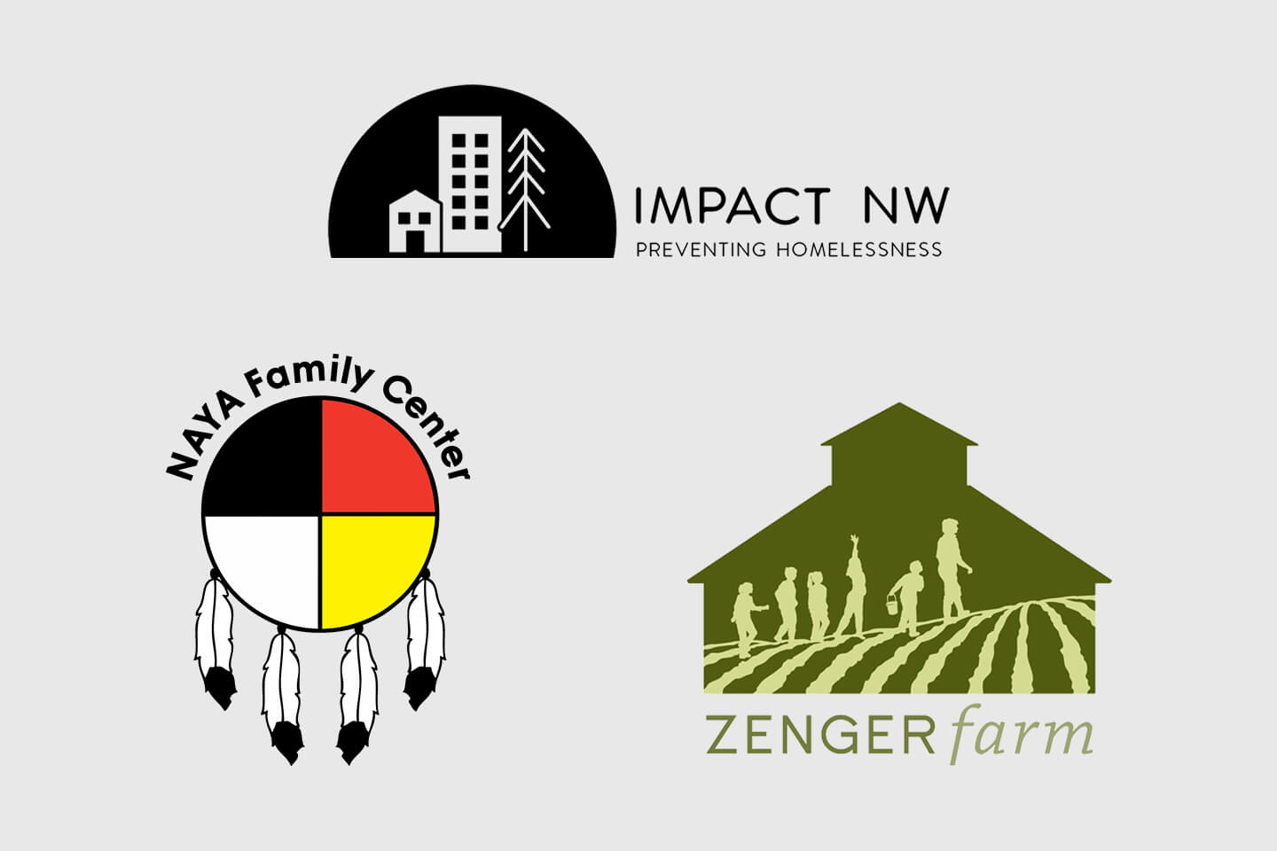 NAYA Family Center logo, Impact NW logo, and Zenger Farm logo