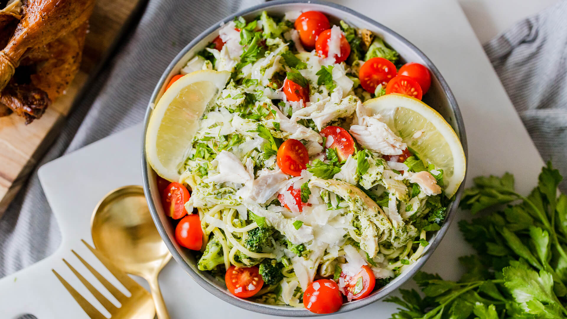 Rotisserie Chicken Pesto Pasta with Broccoli served in a bowl